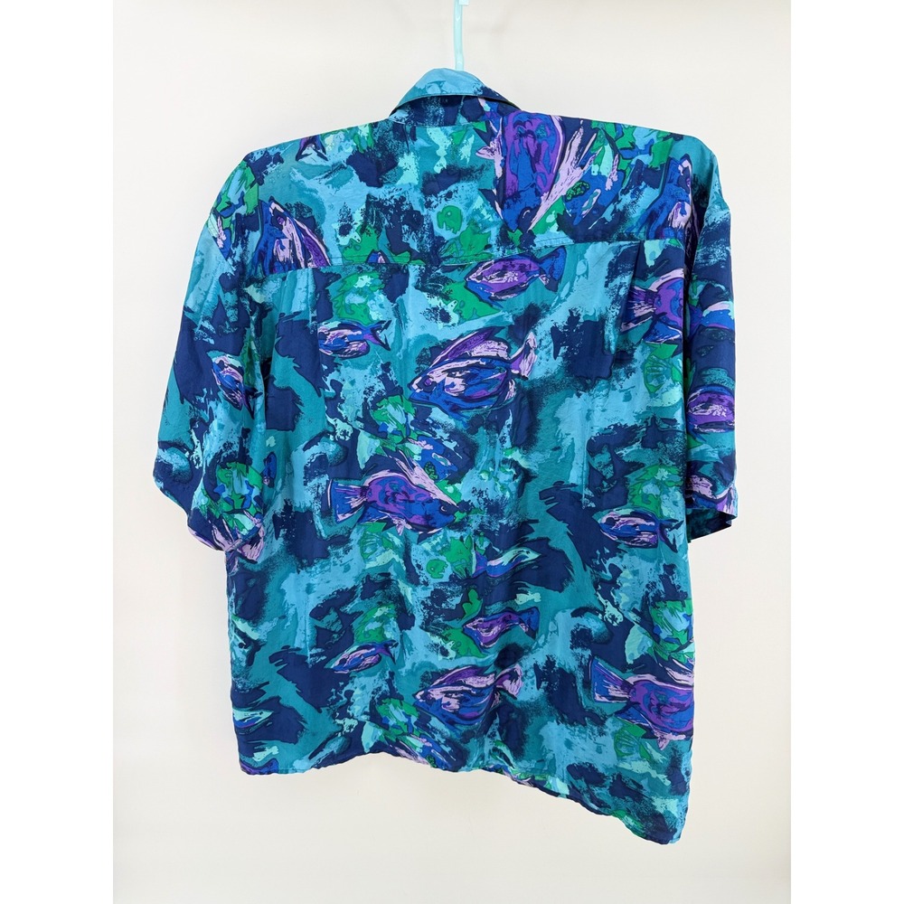 Hilo Hattie Mens XL Blue Purple Fish Print 100% Silk Short Sleeve Aloha Shirt - Picture 2 of 10